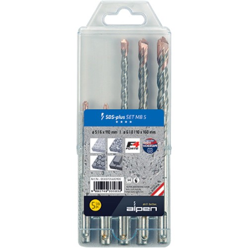 ALPEN F4 SDS DRILL BIT SET 5 PIECE 5 6 X 110MM  6 8 10 MM X 160MM IN P ALPEN F4 SDS DRILL BIT SET 5 PIECE 5 6 X 110MM  6 8 10 MM X 160MM IN P