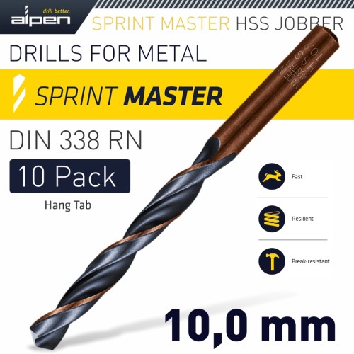 HSS SPRINT MASTER 10.0MM 10-PACK HANG TAG DIN 338 ALPEN DRILL BITS HSS SPRINT MASTER 10.0MM 10-PACK HANG TAG DIN 338 ALPEN DRILL BITS