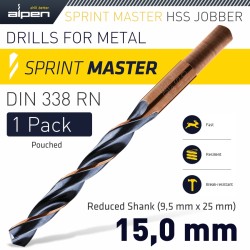 HSS SPRINT MASTER 15.0MM RED SHANK 9.5MM X1 SLEEVED DIN338 ALPEN DRILL HSS SPRINT MASTER 15.0MM RED SHANK 9.5MM X1 SLEEVED DIN338 ALPEN DRILL