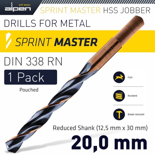 HSS SPRINT MASTER 20.0MM RED SHANK 12.5MM X1 SLEEVED DIN338 ALPEN DRIL HSS SPRINT MASTER 20.0MM RED SHANK 12.5MM X1 SLEEVED DIN338 ALPEN DRIL