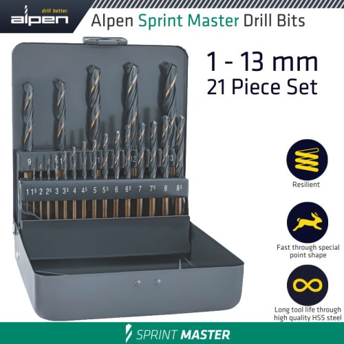 ALPEN SPRINT MASTER 21 PCE SET KM21 1 -8.5 X 0.5 9-13 X 1MM METAL BOX ALPEN SPRINT MASTER 21 PCE SET KM21 1 -8.5 X 0.5 9-13 X 1MM METAL BOX