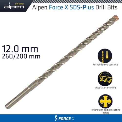 FORCE X 12.0 X 260/200 SDS-PLUS DRILL BIT X4 CUTTING EDGES FORCE X 12.0 X 260/200 SDS-PLUS DRILL BIT X4 CUTTING EDGES