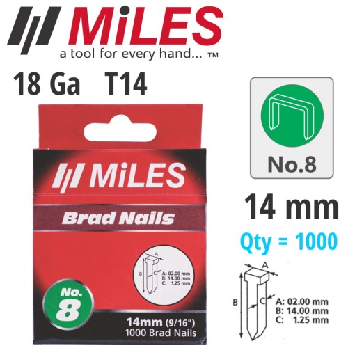 GALV BRAD NAIL T14 18G 14MM X 1000PCS MILES NO8 GALV BRAD NAIL T14 18G 14MM X 1000PCS MILES NO8