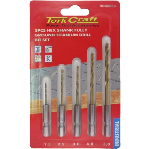 DRILL BIT SET 5PCS HSS FULLY GROUND TITANIUM HEX SHANK 1.5/2.5/3/4/5MM DRILL BIT SET 5PCS HSS FULLY GROUND TITANIUM HEX SHANK 1.5/2.5/3/4/5MM