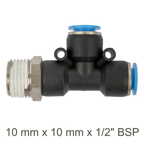 PU HOSE FITTING TEE 10MM X 10MM X 1/2"M
