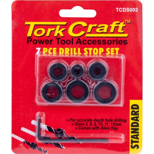 TORK CRAFT 7PC DRILL STOP SET (5.6.8.10.11.12MM) C/W ALLEN KEY