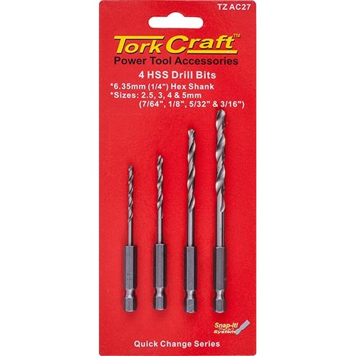 HEX SHANK DRILL BIT 4 PCE SET 2.5MM 3MM 4MM 5MM